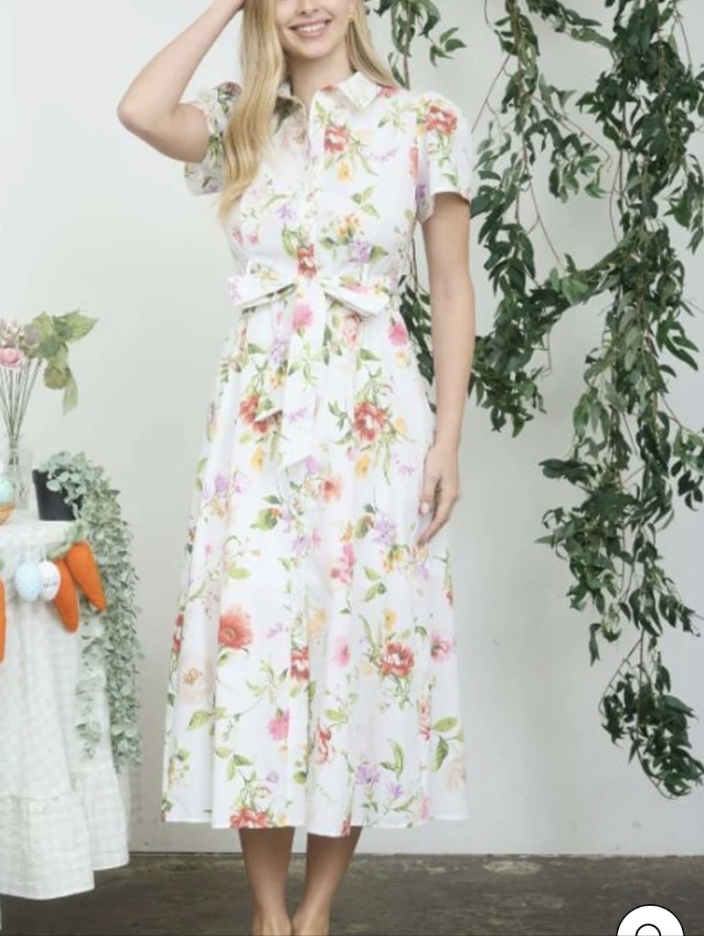 Blu Pepper Floral Button-Front Midi Dress with Tie Waist - NWT Size L White/Pink